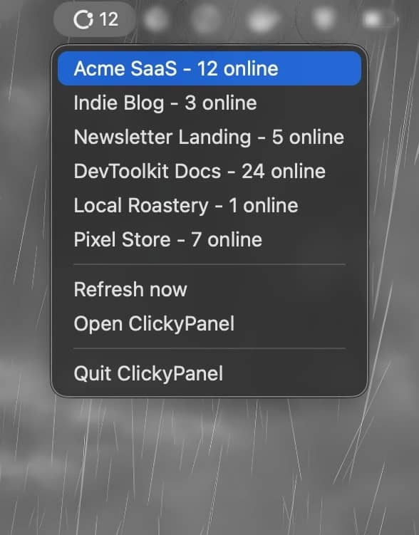 ClickyPanel menubar dropdown showing live visitor counts across all sites